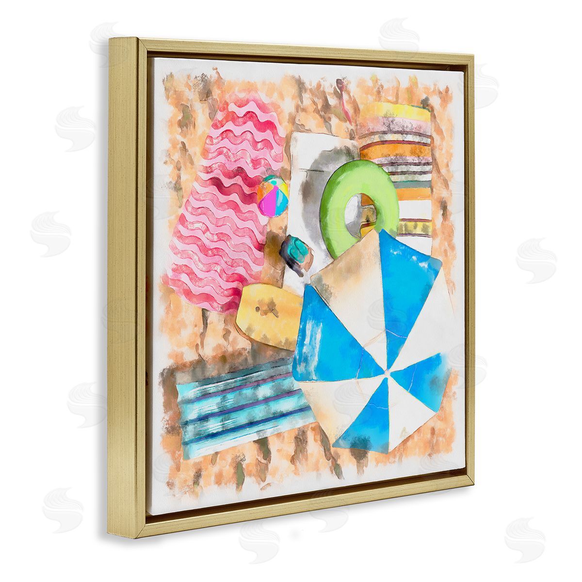 Alonzo Saunders Tropical Summer Beach Lounge Towel Umbrella Floats Gold Floating Frame Canvas Wall Art Print