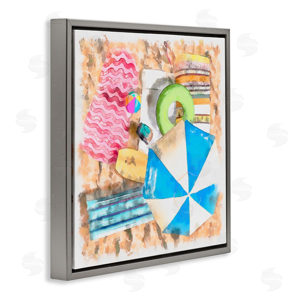 Alonzo Saunders Tropical Summer Beach Lounge Towel Umbrella Floats Gray Floating Frame Canvas Wall Art Print