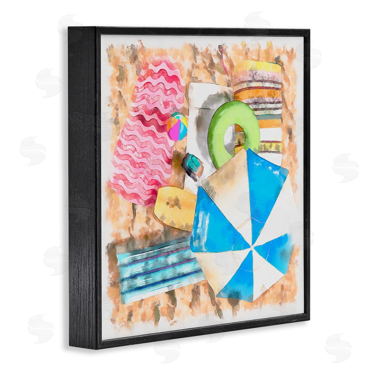 Alonzo Saunders Tropical Summer Beach Lounge Towel Umbrella Floats Black Framed Glicee Wall Art Print