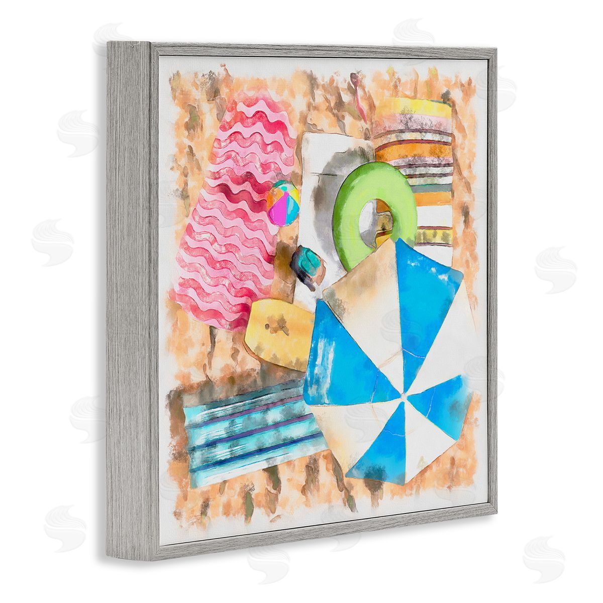 Alonzo Saunders Tropical Summer Beach Lounge Towel Umbrella Floats Gray Framed Glicee Wall Art Print