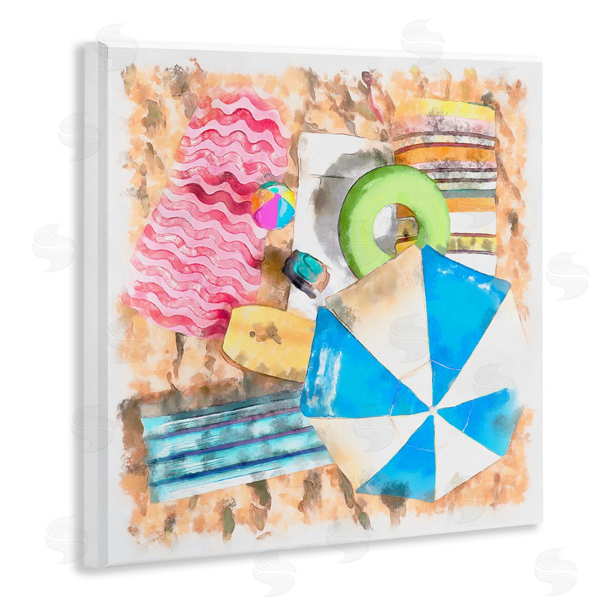 Alonzo Saunders Tropical Summer Beach Lounge Towel Umbrella Floats Wooden Wall Plaque Art Print