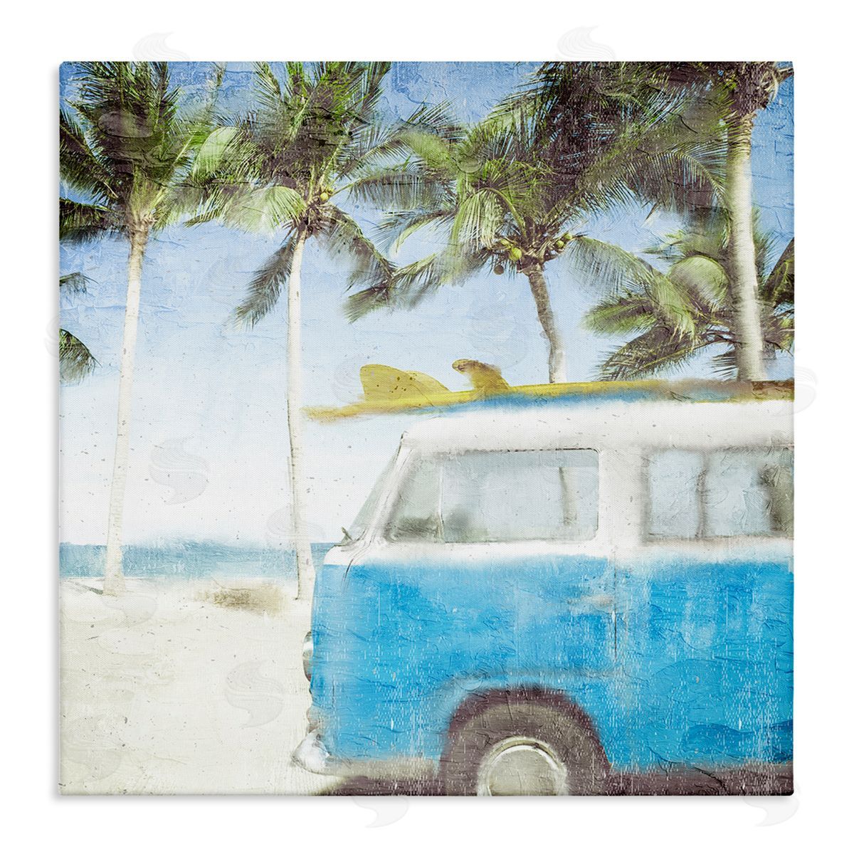 Kim Allen Distressed Tropical Beach Surf Van Palm Trees Coastline Stretched Canvas Wall Art Print