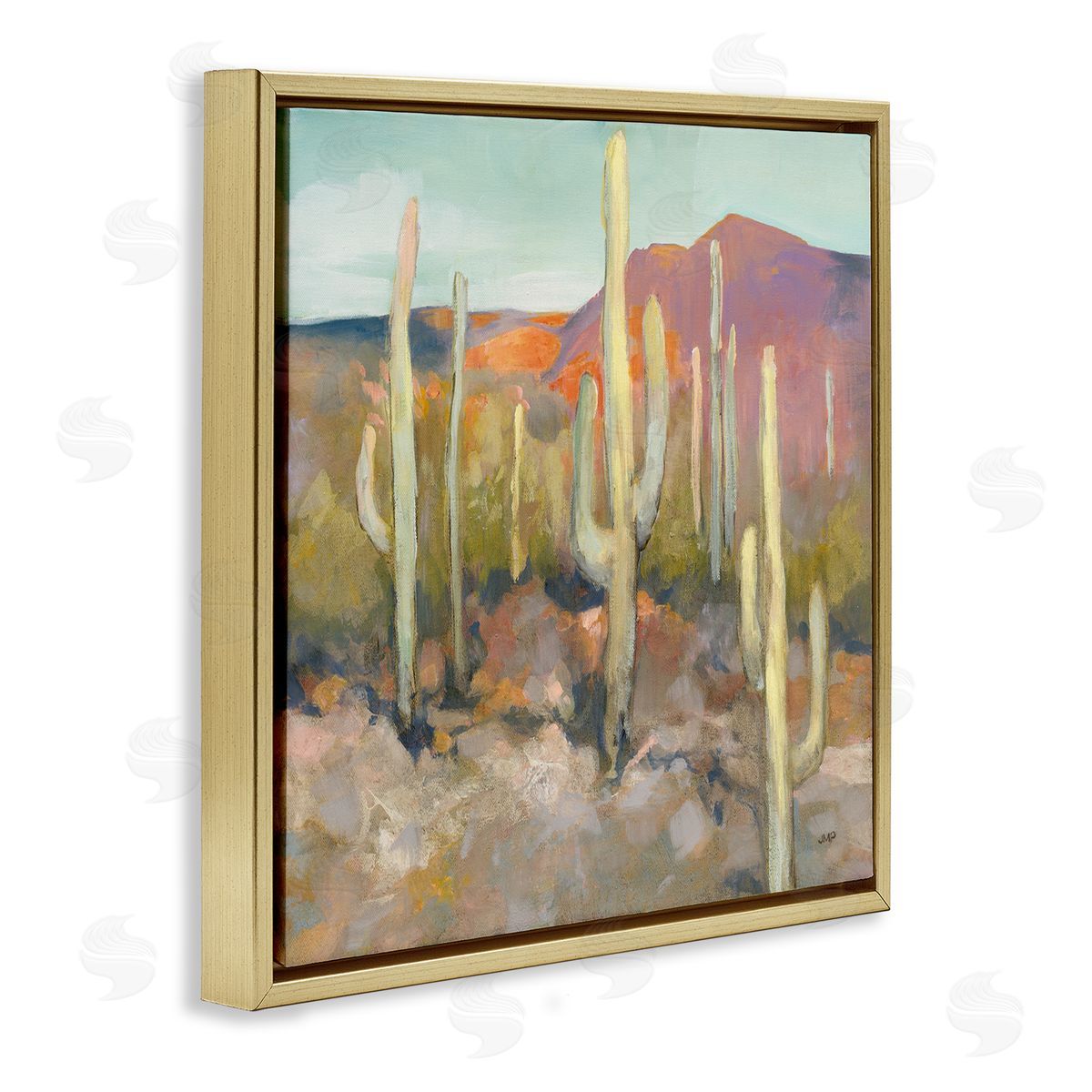 Soft Cactus Desert Landscape Gold Floating Frame Canvas Wall Art, Home Decor by Julia Purinton