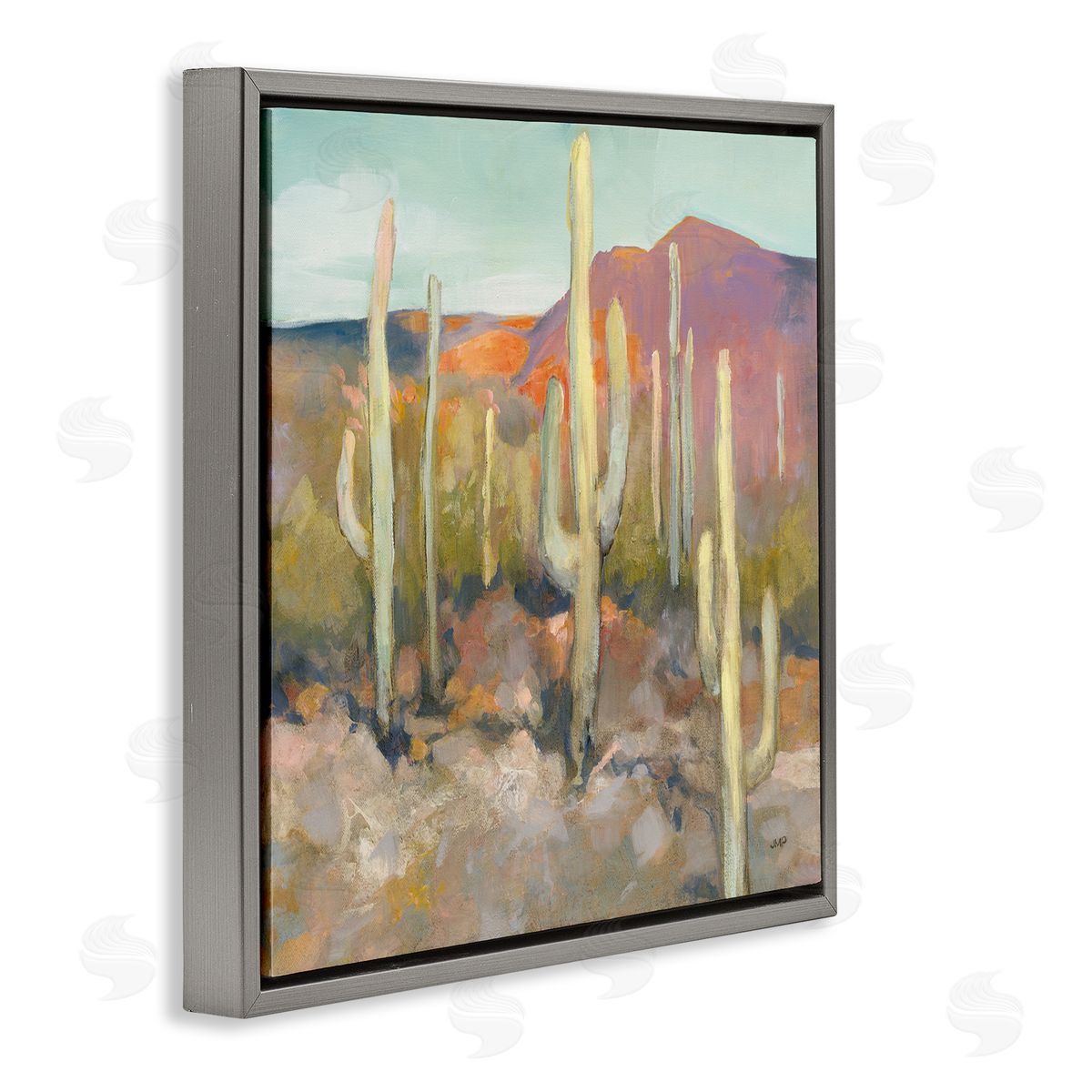 Soft Cactus Desert Landscape Grey Floating Frame Canvas Wall Art, Home Decor by Julia Purinton