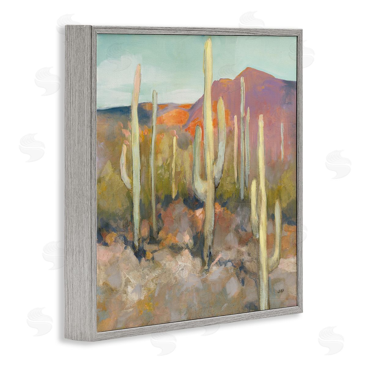 Soft Cactus Desert Landscape Grey Frame Print Wall Art, Home Decor by Julia Purinton