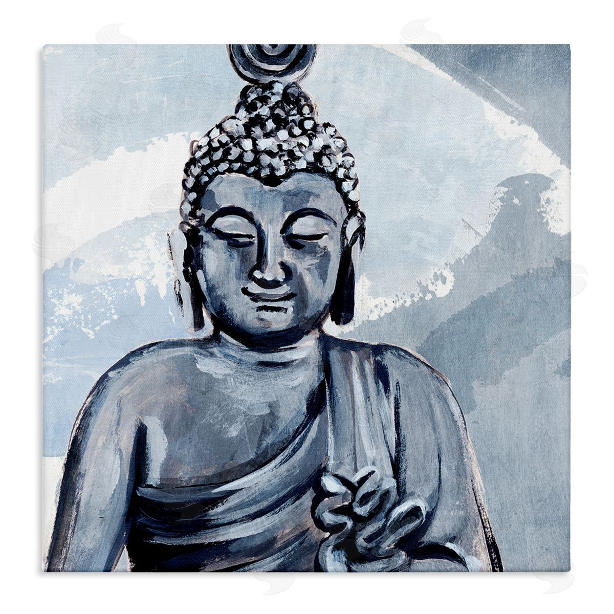 Annie Warren Tranquil Smile Buddha Portrait Soft Blue Abstract Pattern Stretched Canvas Wall Art Print