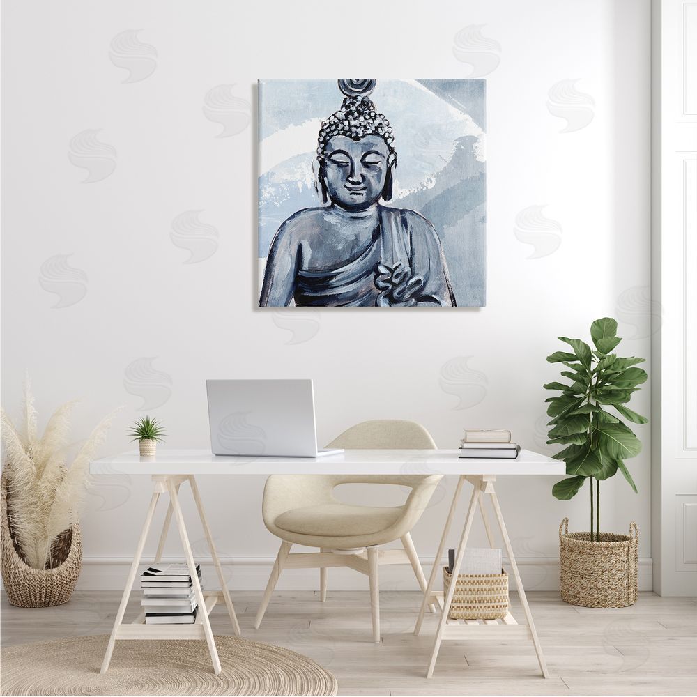 Annie Warren Tranquil Smile Buddha Portrait Soft Blue Abstract Pattern Canvas Wall Art in Room