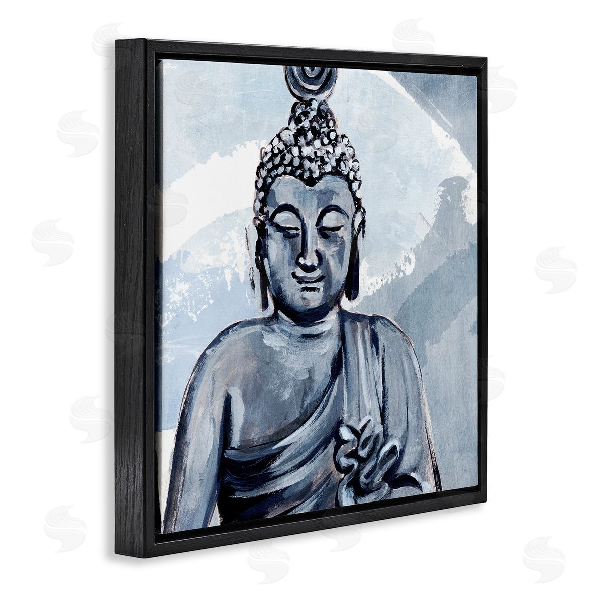 Annie Warren Tranquil Smile Buddha Portrait Soft Blue Abstract Pattern Black Floating Frame Canvas Wall Art Print