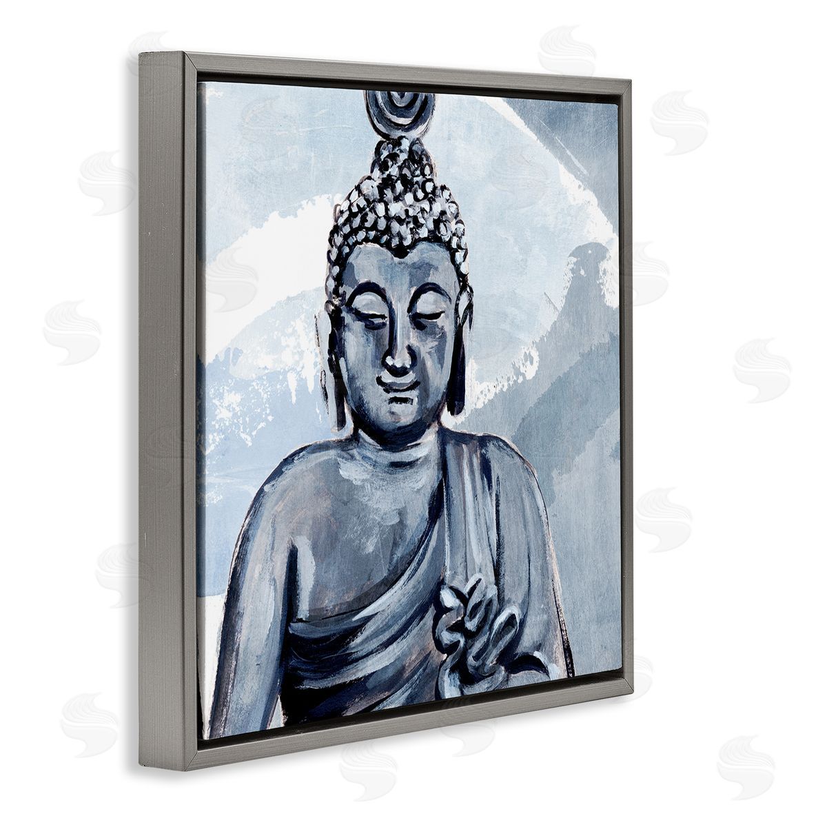 Annie Warren Tranquil Smile Buddha Portrait Soft Blue Abstract Pattern Gray Floating Frame Canvas Wall Art Print