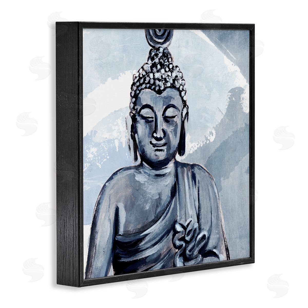 Annie Warren Tranquil Smile Buddha Portrait Soft Blue Abstract Pattern Black Framed Glicee Wall Art Print