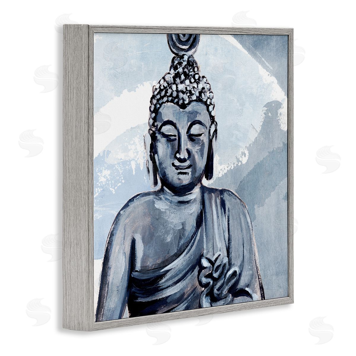 Annie Warren Tranquil Smile Buddha Portrait Soft Blue Abstract Pattern Gray Framed Glicee Wall Art Print