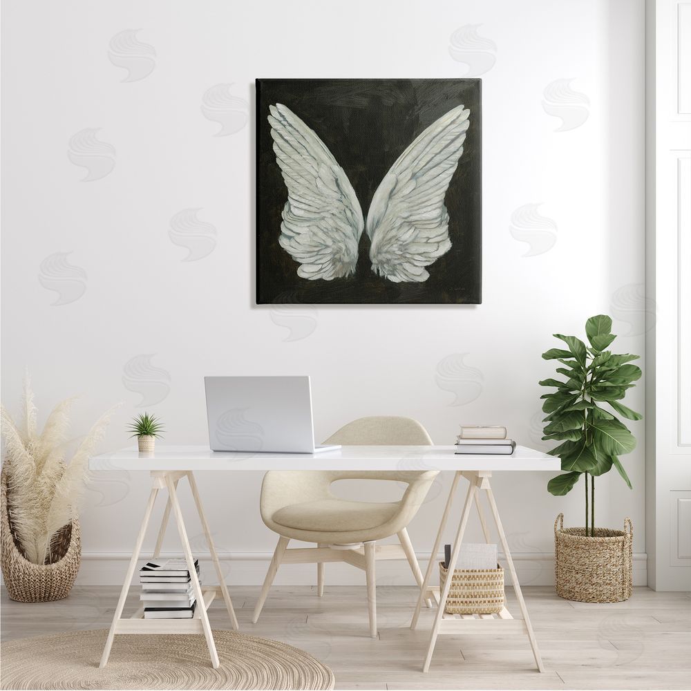 James Wiens Off-White Angel Wings White Feathers over Black Canvas Wall Art in Room