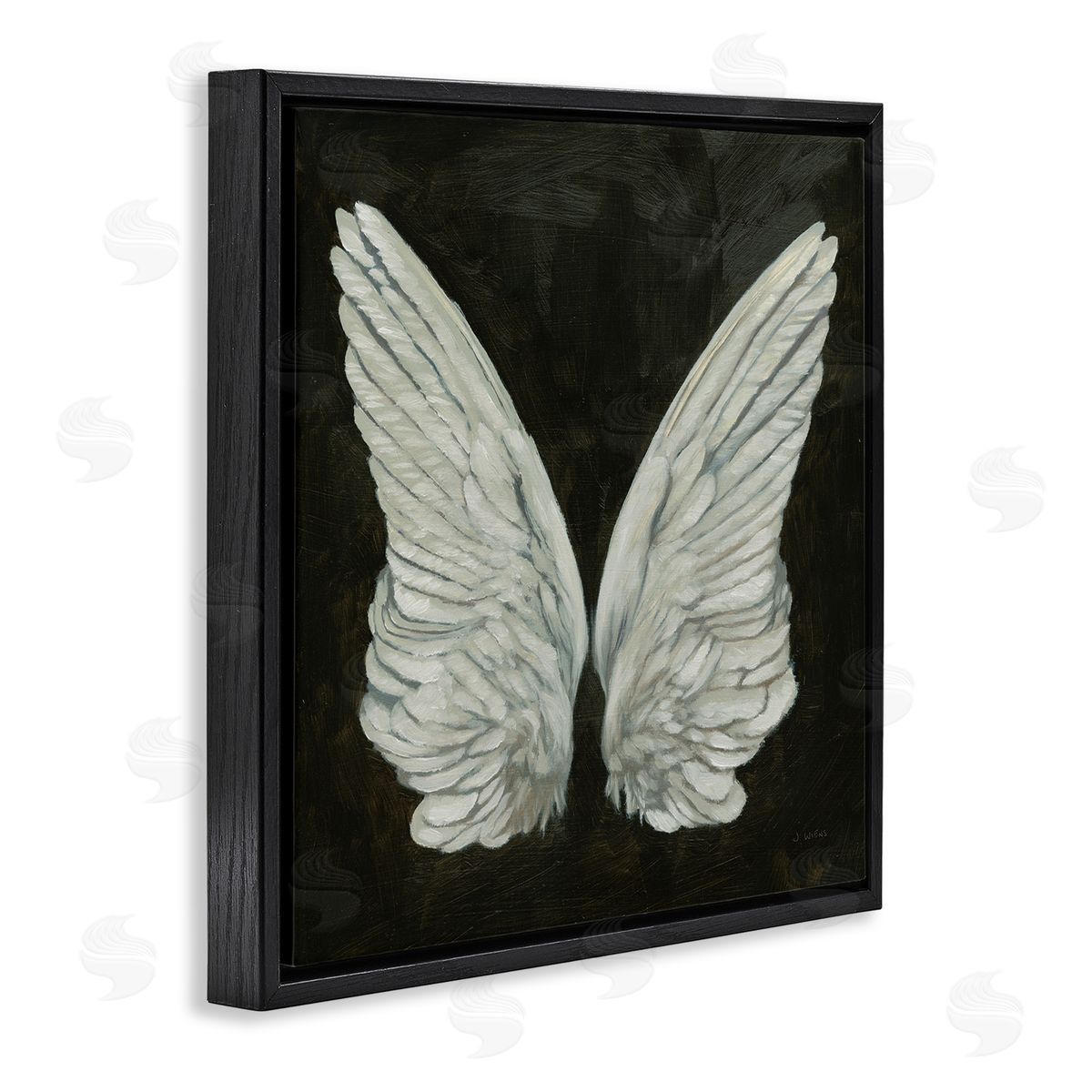 James Wiens Off-White Angel Wings White Feathers over Black Black Floating Frame Canvas Wall Art Print