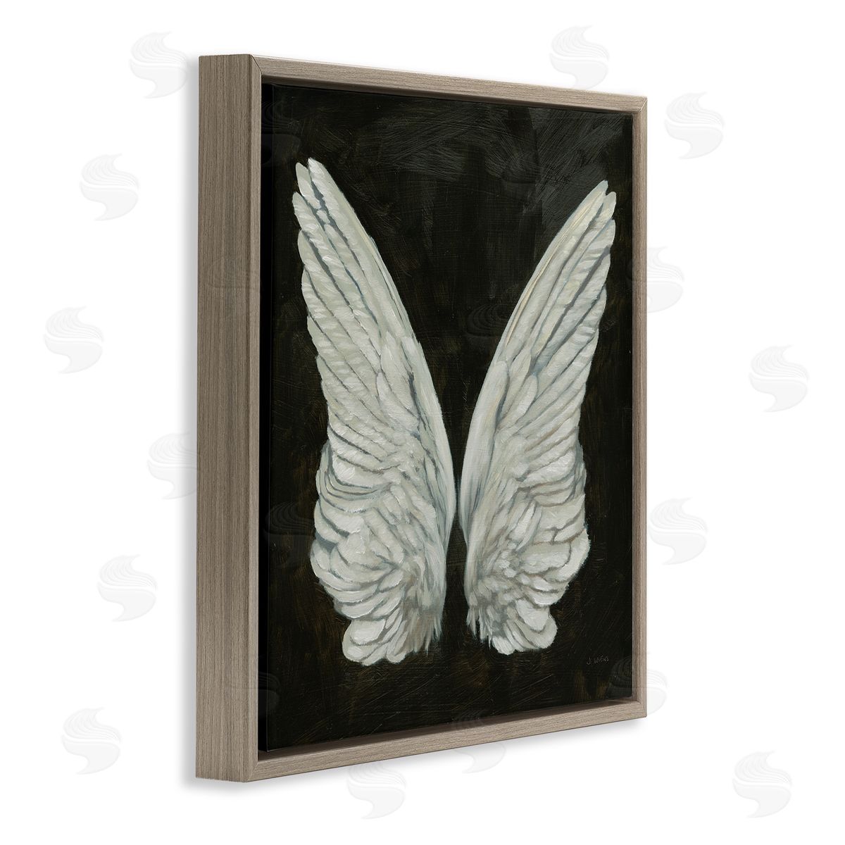 James Wiens Off-White Angel Wings White Feathers over Black Brown Floating Frame Canvas Wall Art Print