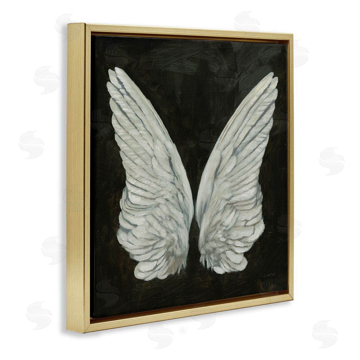 James Wiens Off-White Angel Wings White Feathers over Black Gold Floating Frame Canvas Wall Art Print
