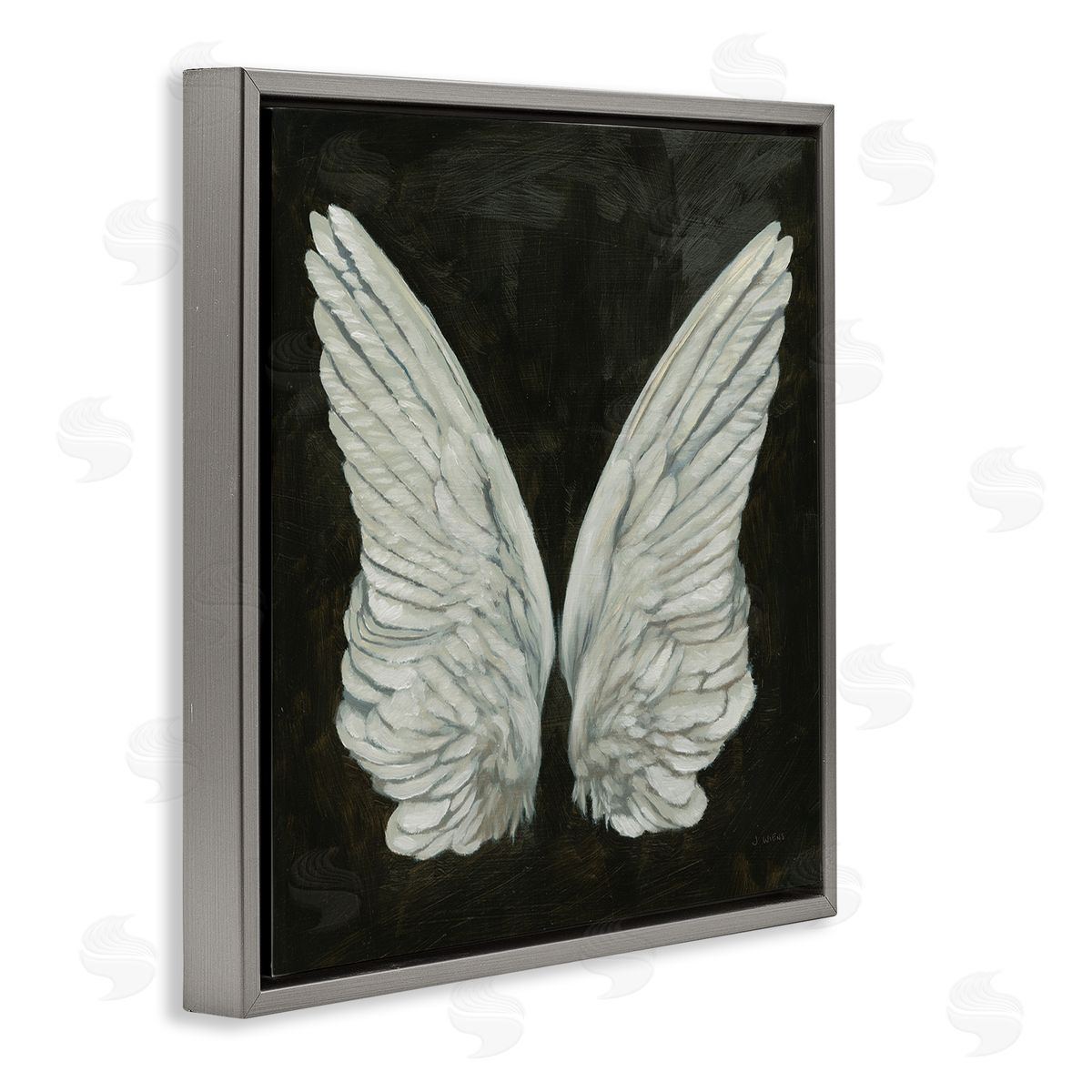 James Wiens Off-White Angel Wings White Feathers over Black Gray Floating Frame Canvas Wall Art Print