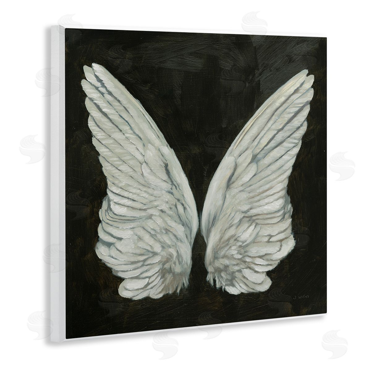 James Wiens Off-White Angel Wings White Feathers over Black Wooden Wall Plaque Art Print