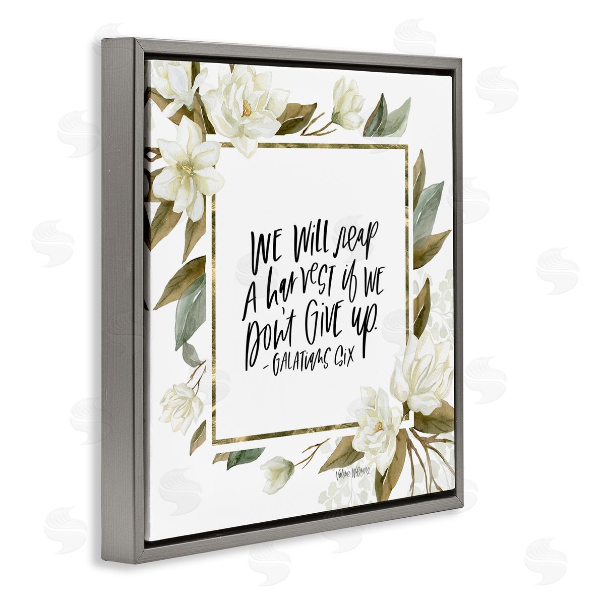 Valerie Wieners We Will Reap Galatians Six Sentiment White Flowers Gray Floating Frame Canvas Wall Art Print