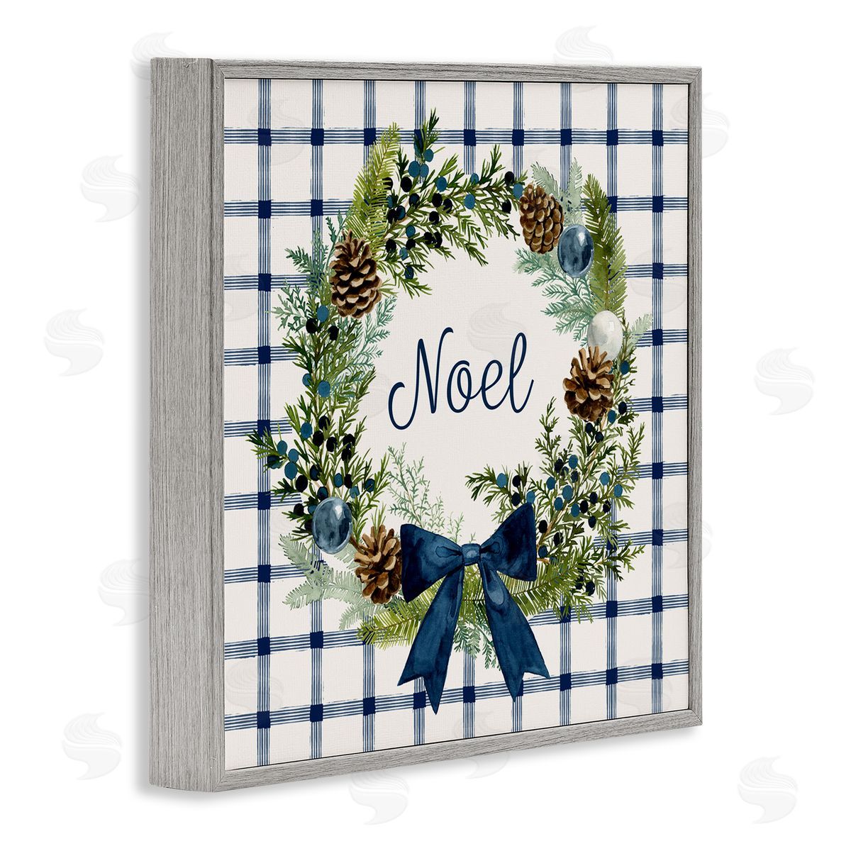 Victoria Barnes Winter Noel Sentiment Pinecone Wreath Blue Plaid Gray Framed Glicee Wall Art Print