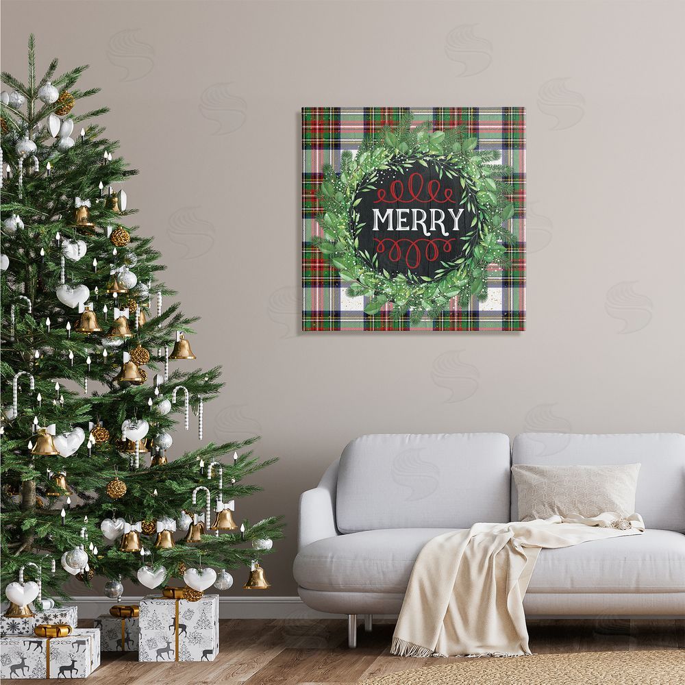 Jennifer Pugh Merry Sentiment Winter Pine Wreath Green Christmas Plaid Canvas Wall Art in Room