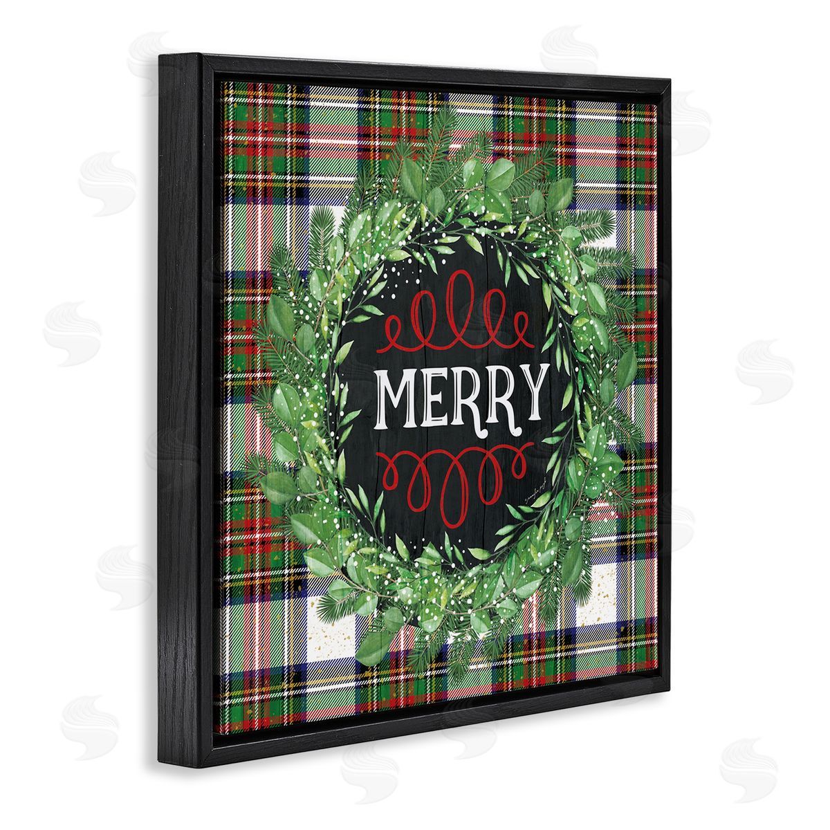 Jennifer Pugh Merry Sentiment Winter Pine Wreath Green Christmas Plaid Black Floating Frame Canvas Wall Art Print