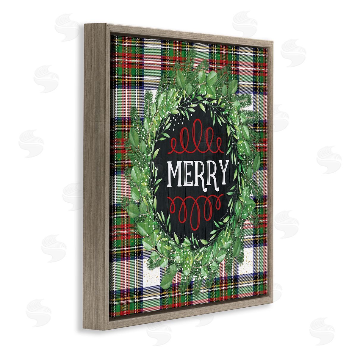 Jennifer Pugh Merry Sentiment Winter Pine Wreath Green Christmas Plaid Brown Floating Frame Canvas Wall Art Print