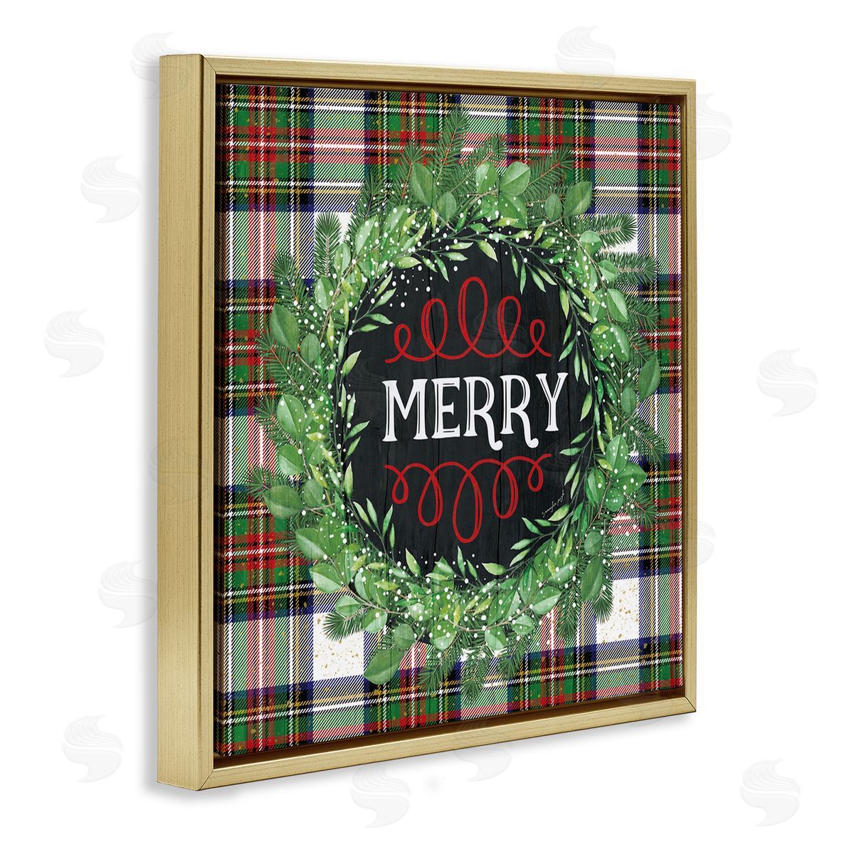 Jennifer Pugh Merry Sentiment Winter Pine Wreath Green Christmas Plaid Gold Floating Frame Canvas Wall Art Print
