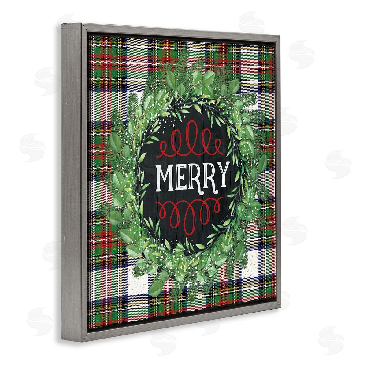 Jennifer Pugh Merry Sentiment Winter Pine Wreath Green Christmas Plaid Gray Floating Frame Canvas Wall Art Print
