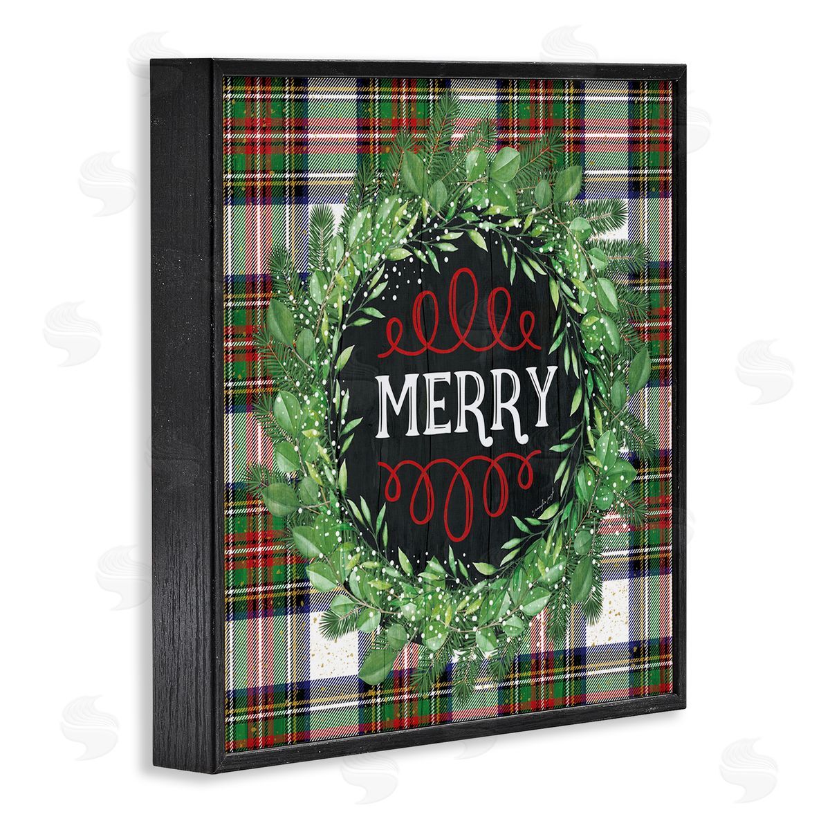 Jennifer Pugh Merry Sentiment Winter Pine Wreath Green Christmas Plaid Black Framed Glicee Wall Art Print