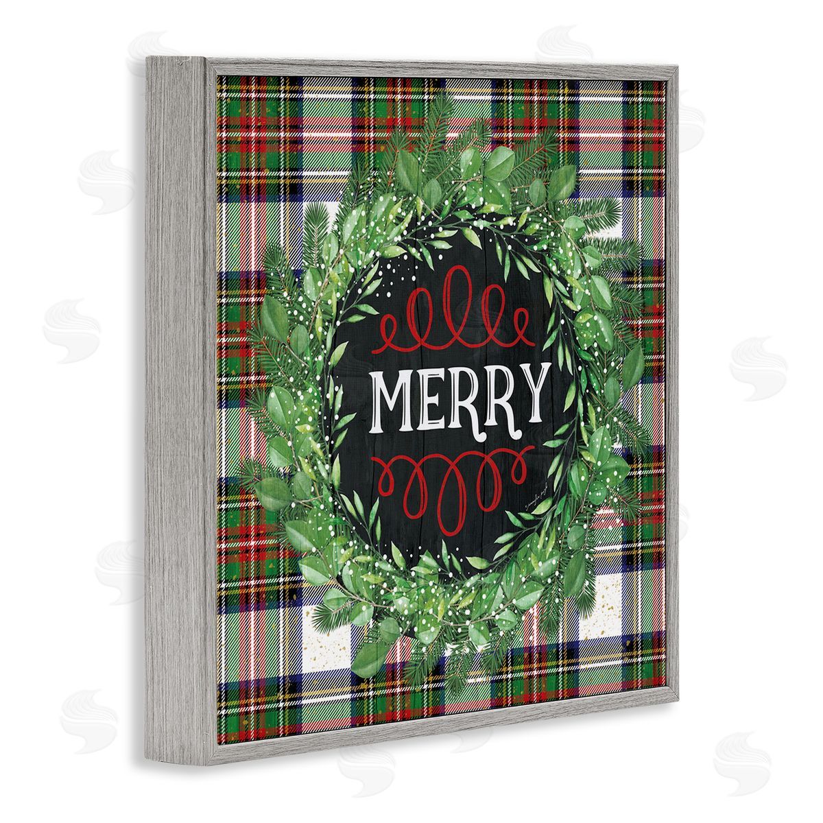 Jennifer Pugh Merry Sentiment Winter Pine Wreath Green Christmas Plaid Gray Framed Glicee Wall Art Print