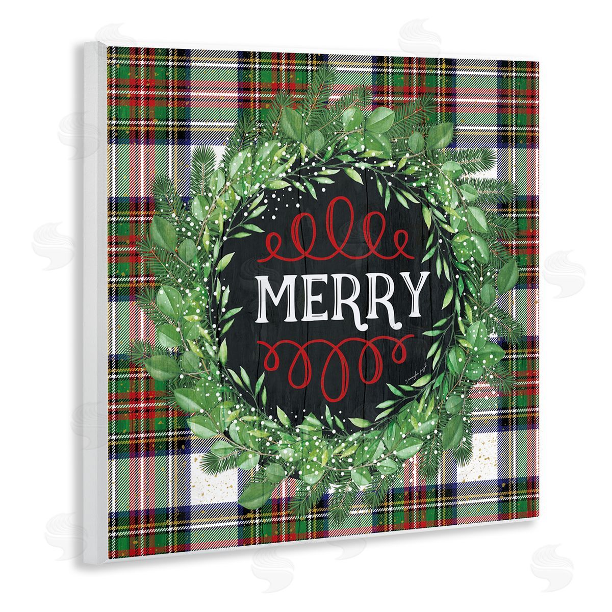 Jennifer Pugh Merry Sentiment Winter Pine Wreath Green Christmas Plaid Wooden Wall Plaque Art Print