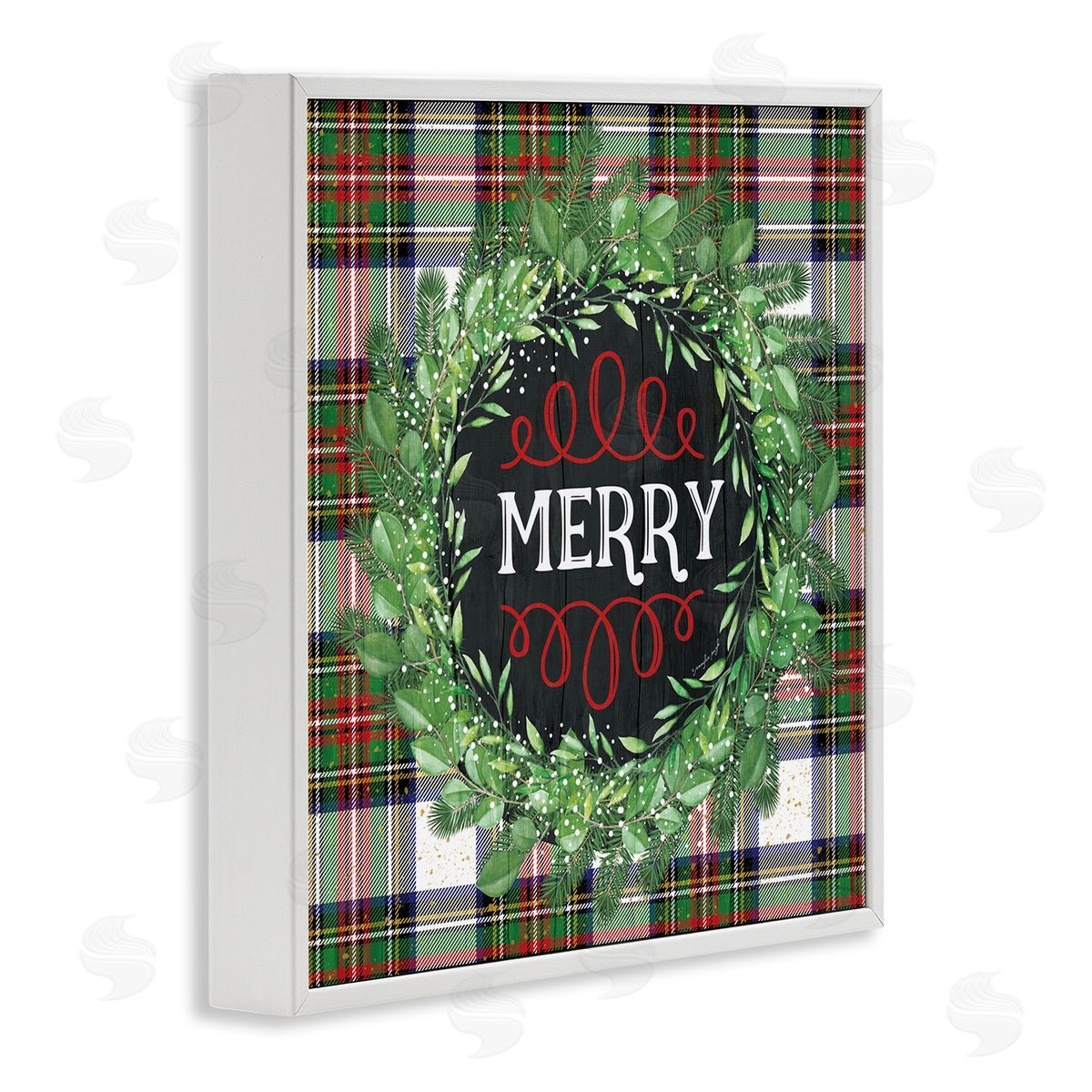 Jennifer Pugh Merry Sentiment Winter Pine Wreath Green Christmas Plaid White Framed Glicee Wall Art Print