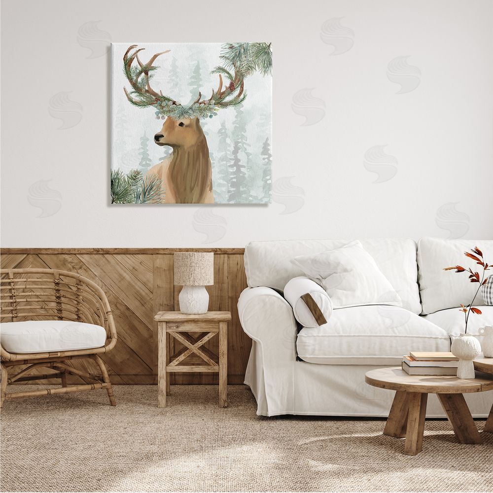 Kim Allen Winter Forest Elk Festive Pine Antlers Woodland Trees Canvas Wall Art in Room