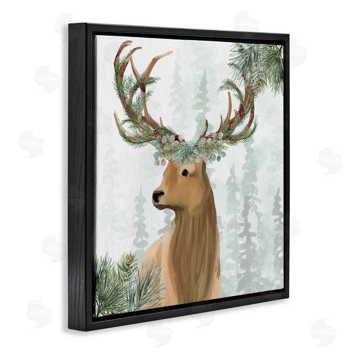 Kim Allen Winter Forest Elk Festive Pine Antlers Woodland Trees Black Floating Frame Canvas Wall Art Print