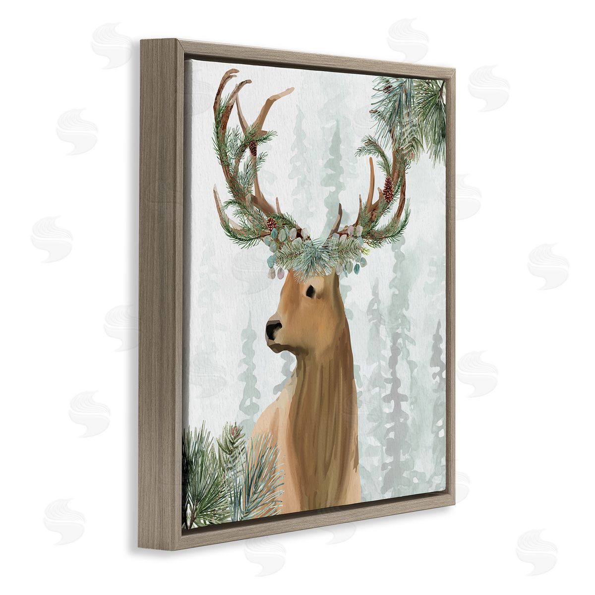 Kim Allen Winter Forest Elk Festive Pine Antlers Woodland Trees Brown Floating Frame Canvas Wall Art Print