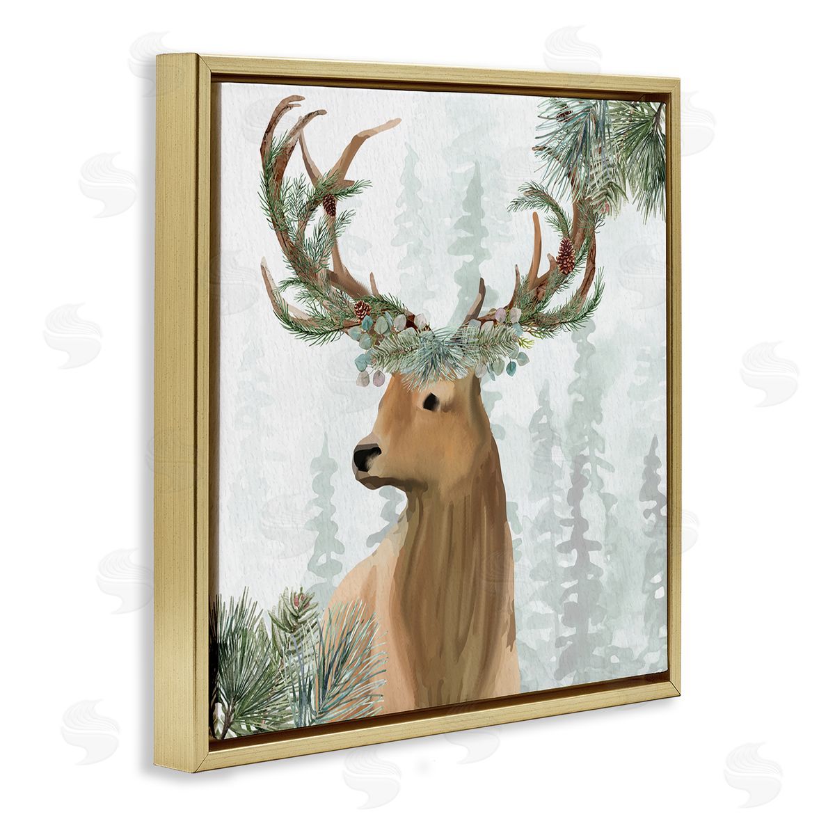 Kim Allen Winter Forest Elk Festive Pine Antlers Woodland Trees Gold Floating Frame Canvas Wall Art Print