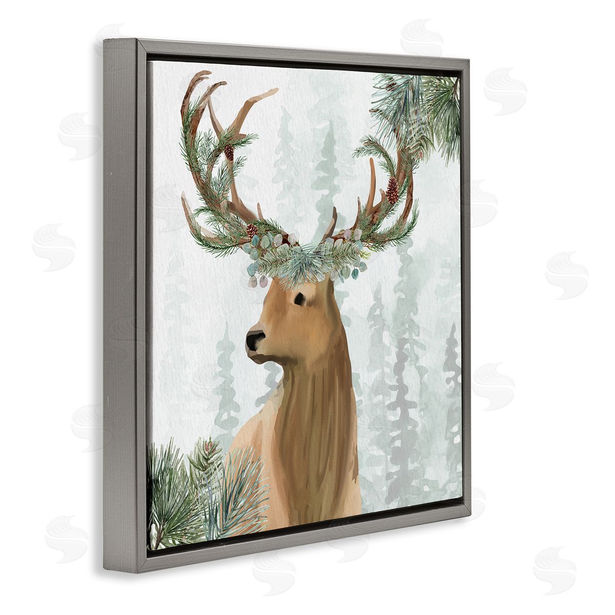 Kim Allen Winter Forest Elk Festive Pine Antlers Woodland Trees Gray Floating Frame Canvas Wall Art Print