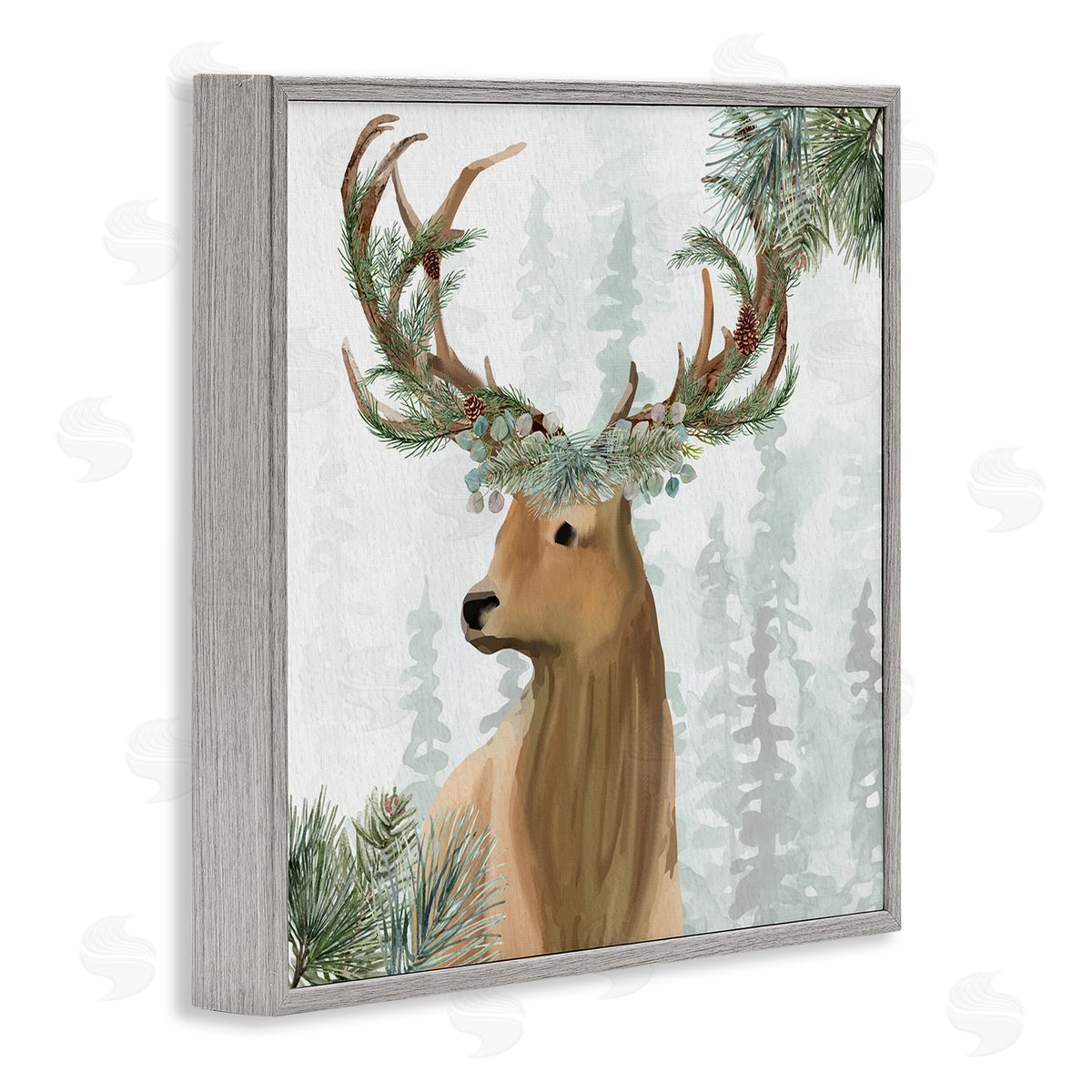 Kim Allen Winter Forest Elk Festive Pine Antlers Woodland Trees Gray Framed Glicee Wall Art Print