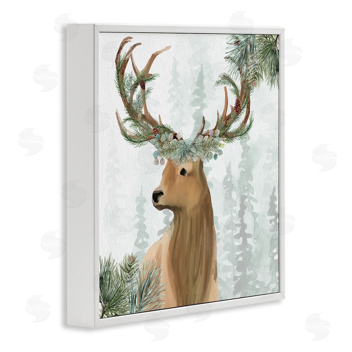 Kim Allen Winter Forest Elk Festive Pine Antlers Woodland Trees White Framed Glicee Wall Art Print
