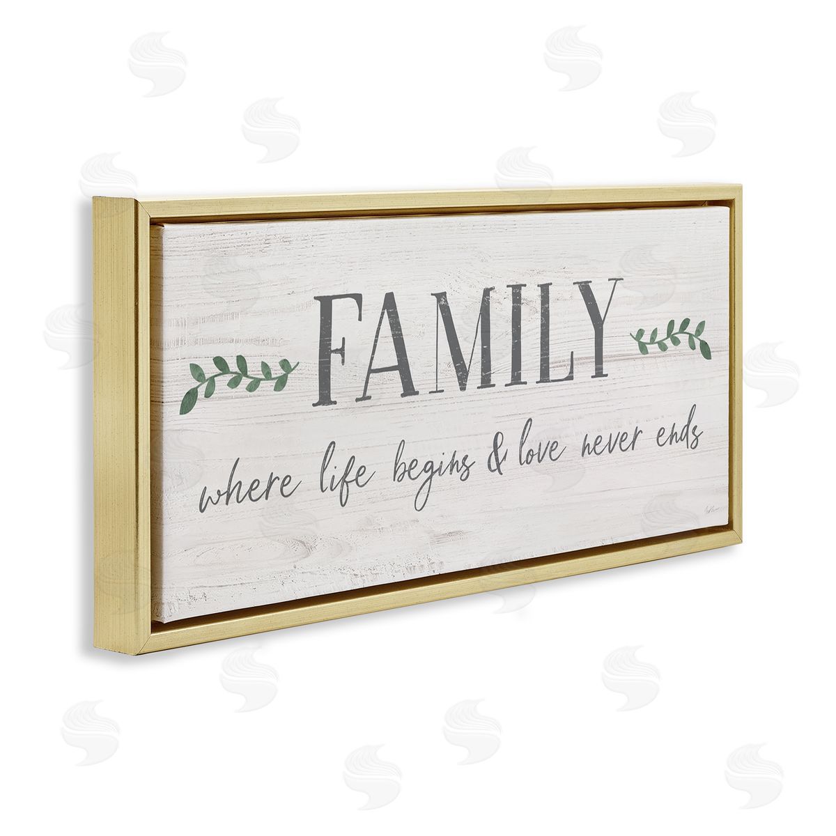 Love Never Ends Family Phrase Gold Floating Frame Canvas Wall Art, Home Decor by Natalie Carpentieri