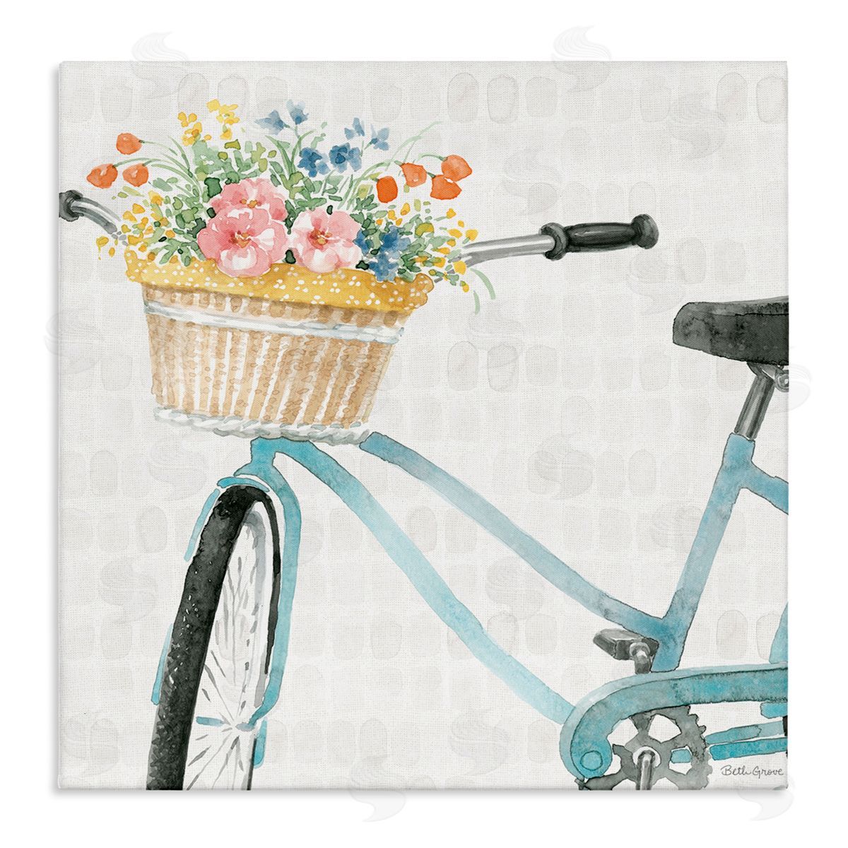 Beth Grove Country Bicycle Basket Floral Arrangement Block Pattern Stretched Canvas Wall Art Print