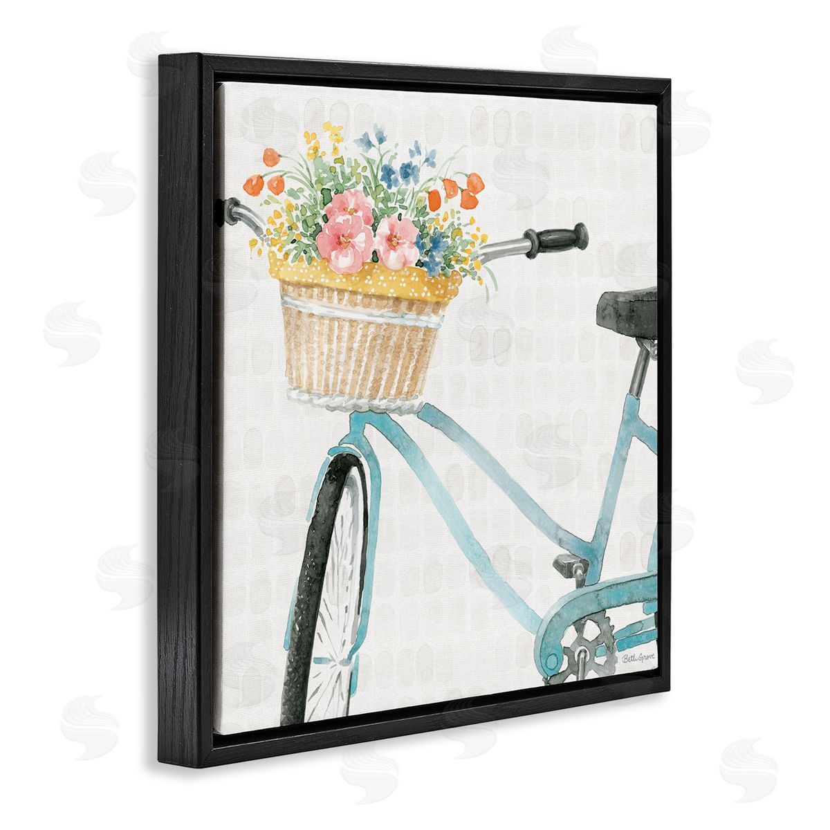 Beth Grove Country Bicycle Basket Floral Arrangement Block Pattern Black Floating Frame Canvas Wall Art Print
