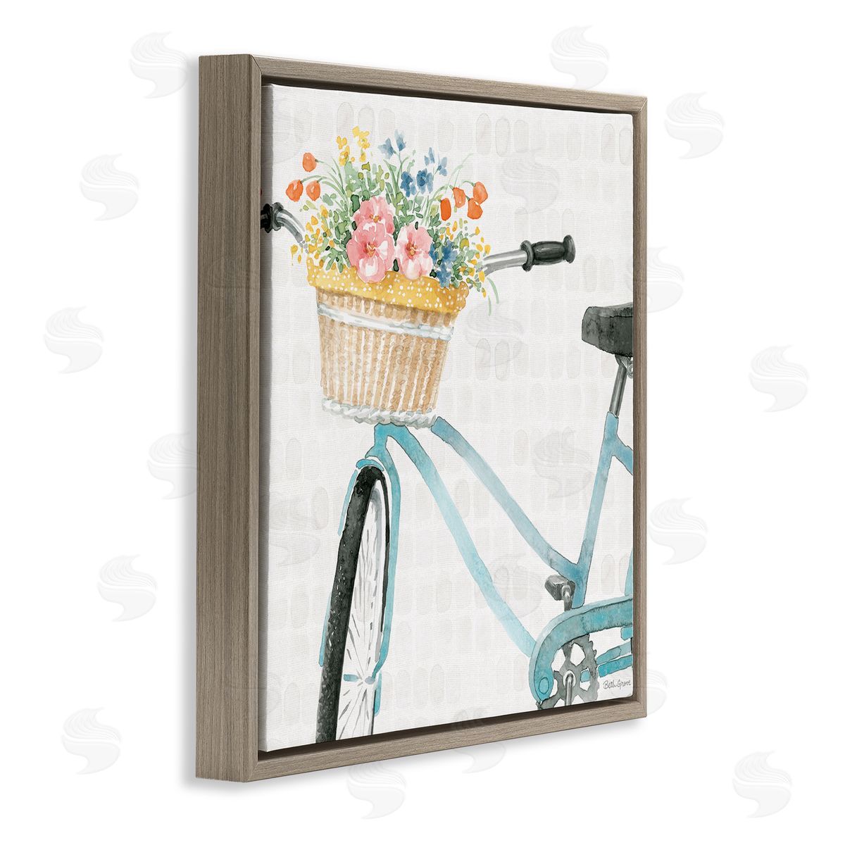 Beth Grove Country Bicycle Basket Floral Arrangement Block Pattern Brown Floating Frame Canvas Wall Art Print