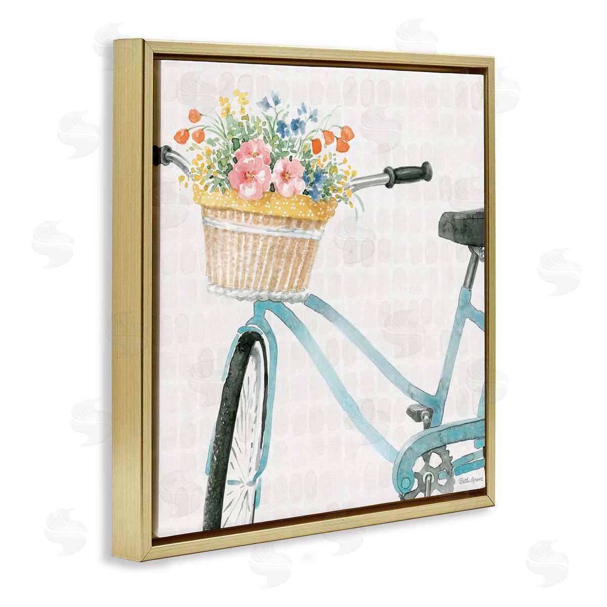 Beth Grove Country Bicycle Basket Floral Arrangement Block Pattern Gold Floating Frame Canvas Wall Art Print