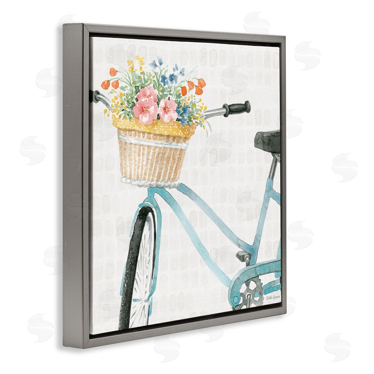 Beth Grove Country Bicycle Basket Floral Arrangement Block Pattern Gray Floating Frame Canvas Wall Art Print