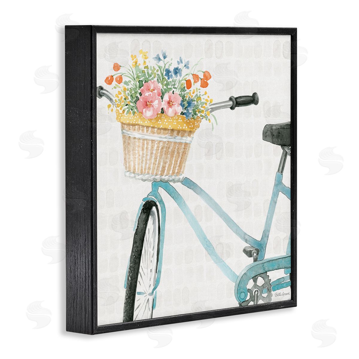Beth Grove Country Bicycle Basket Floral Arrangement Block Pattern Black Framed Glicee Wall Art Print