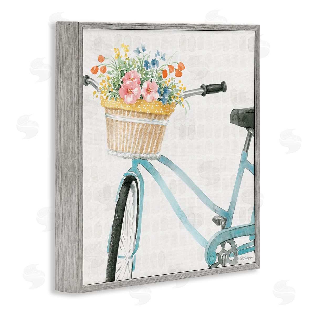 Beth Grove Country Bicycle Basket Floral Arrangement Block Pattern Gray Framed Glicee Wall Art Print