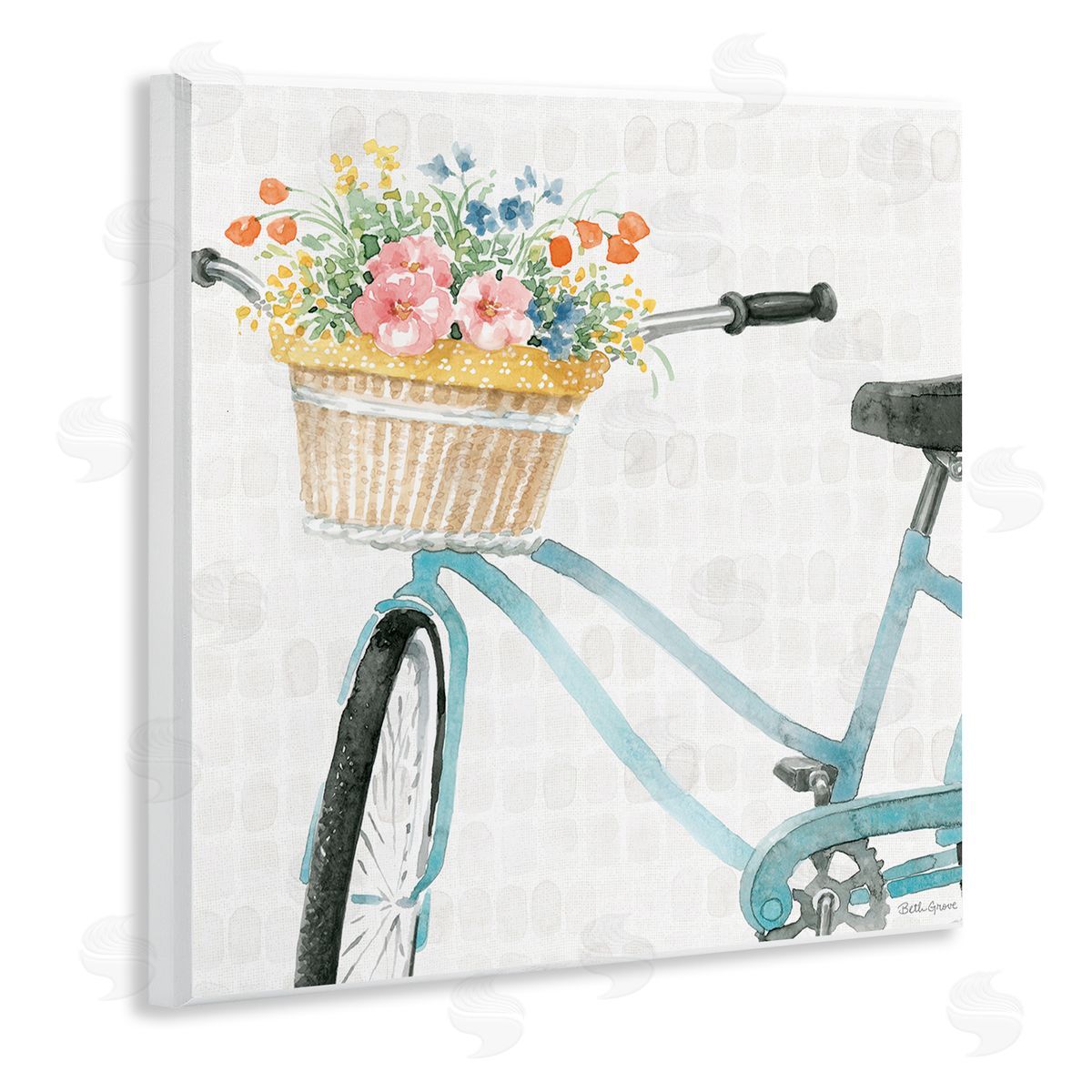 Beth Grove Country Bicycle Basket Floral Arrangement Block Pattern Wooden Wall Plaque Art Print