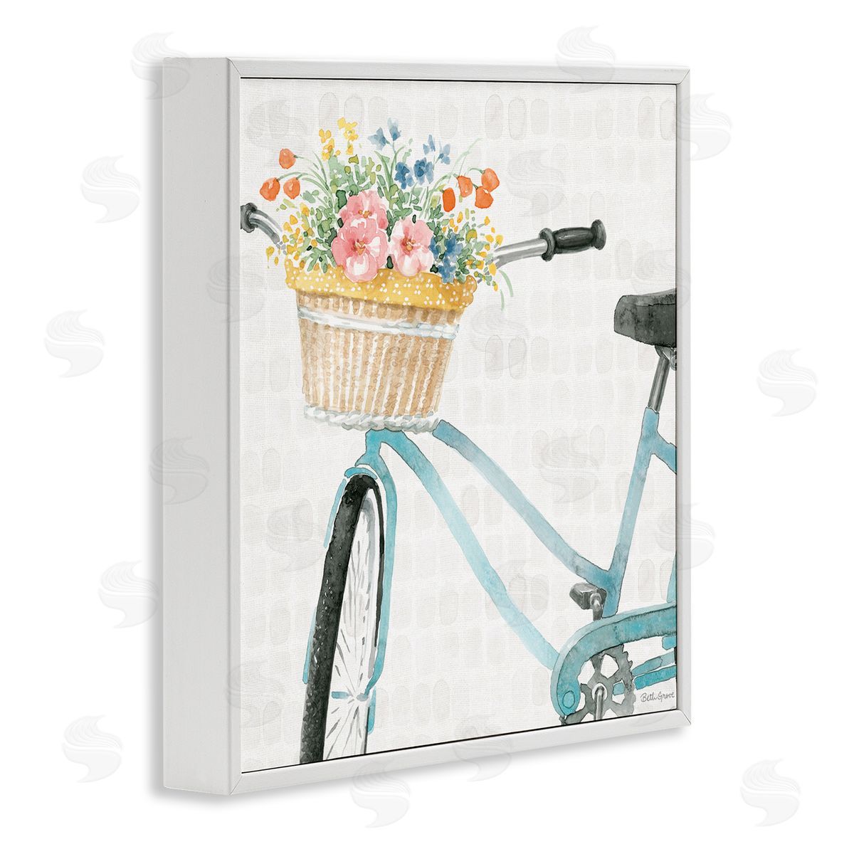 Beth Grove Country Bicycle Basket Floral Arrangement Block Pattern White Framed Glicee Wall Art Print