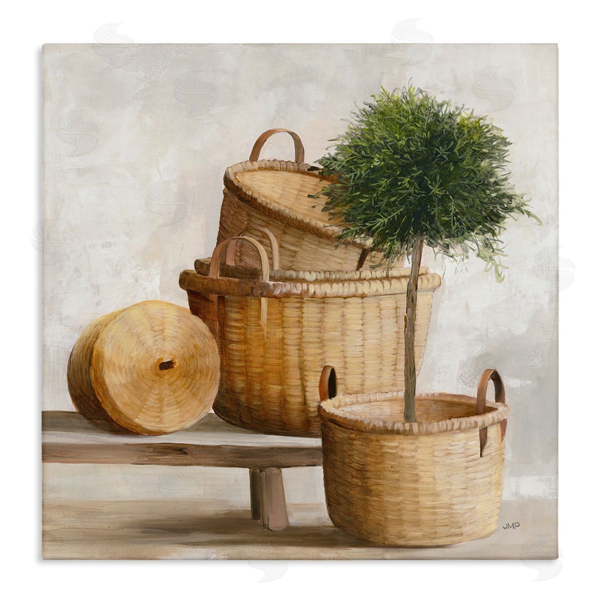 Julia Purinton Traditional Whicker Baskets Stacked Still Life Painting Stretched Canvas Wall Art Print